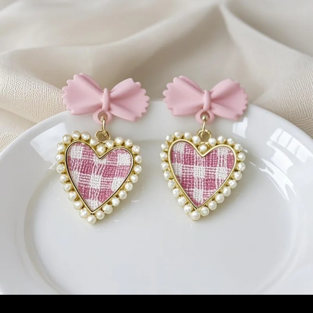 Pink Plaid Heart Earrings with Pearls - Picture 1 of 1